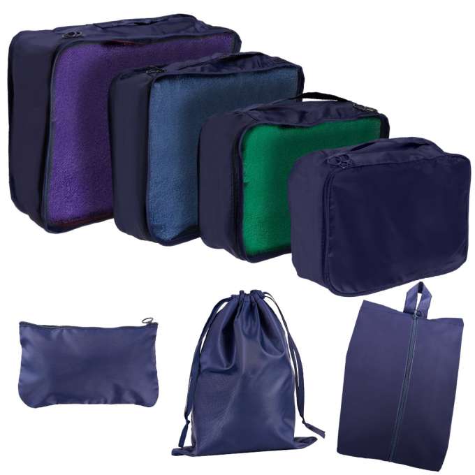 Suitcase organizers travel set 7 pieces clothes storage accessories waterproof bags navy blue