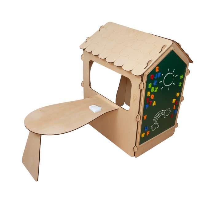 Wooden house for children with a board and table