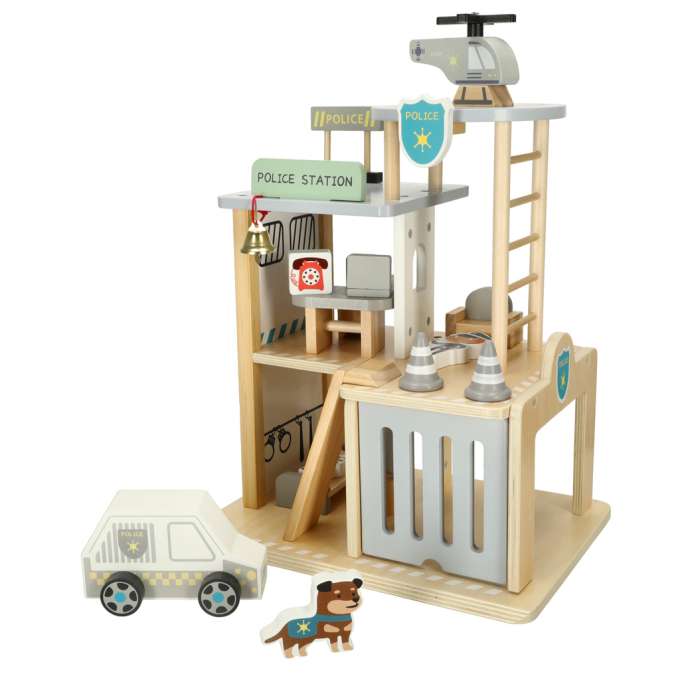 Wooden police station + helicopter police car