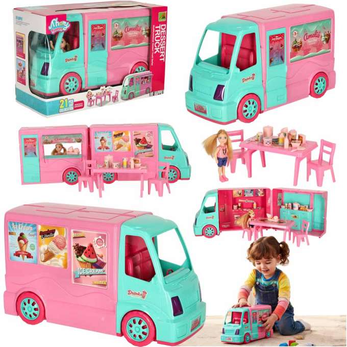 Samochód dla lalek kamper food truck zestaw 21 el.