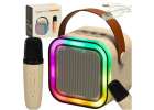 Zestaw do karaoke mikrofon + głośnik przenośny BLUETOOTH USB LED beżowy 1