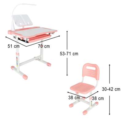 Children's school desk adjustable chair LED lamp USB pink
