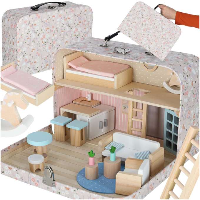 Dollhouse in a suitcase with accesories and wooden furniture