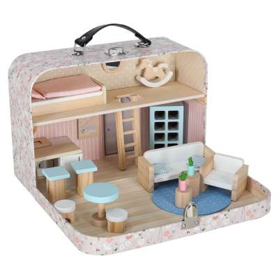 Dollhouse in a suitcase with accesories and wooden furniture