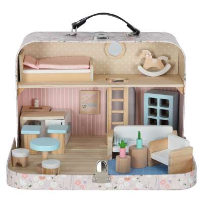 Dollhouse in a suitcase with accesories and wooden furniture
