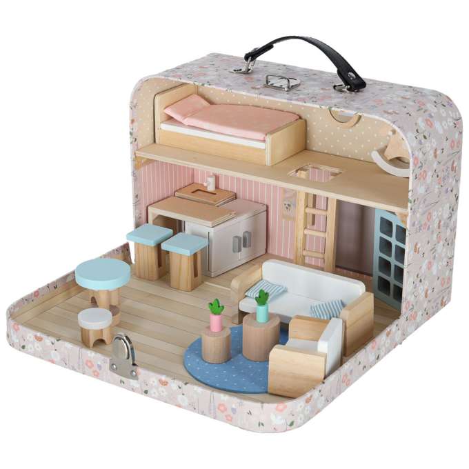 Dollhouse in a suitcase with accesories and wooden furniture
