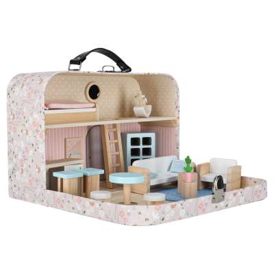 Dollhouse in a suitcase with accesories and wooden furniture