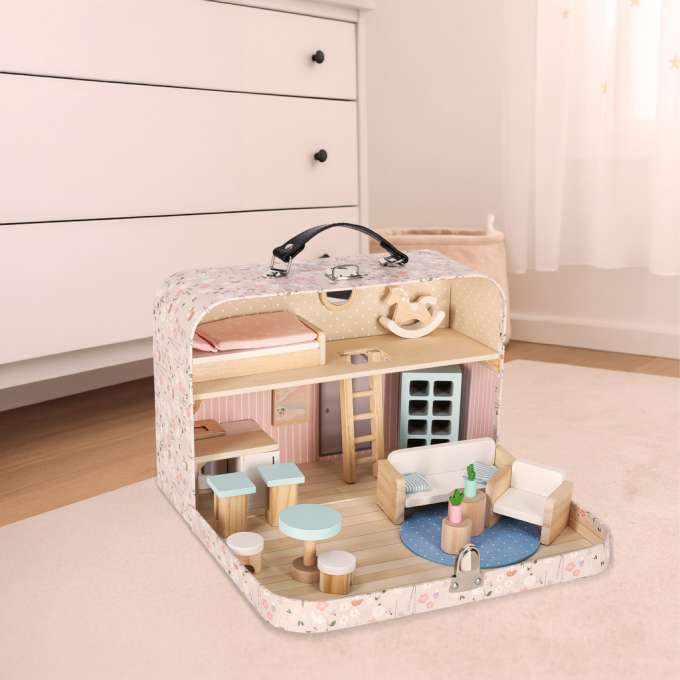 Dollhouse in a suitcase with accesories and wooden furniture