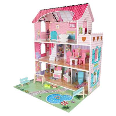 Domek dla lalek drewniany Lulilo Gardeno z ogródkiem mebelki 70cm różowy LED