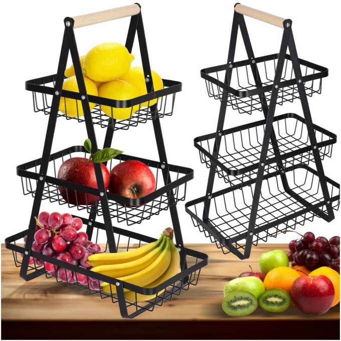 Fruit basket three-tier tier metal wood