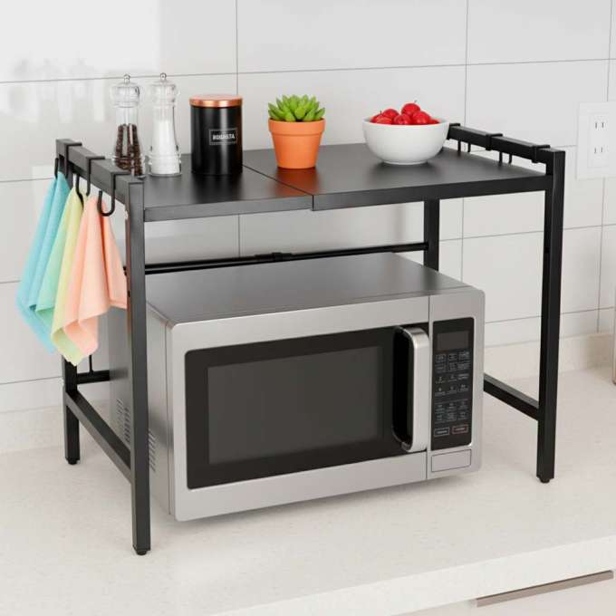 Kitchen shelf over microwave organizer adjustable 6 metal hangers