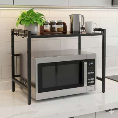 Kitchen shelf over microwave organizer adjustable 6 metal hangers