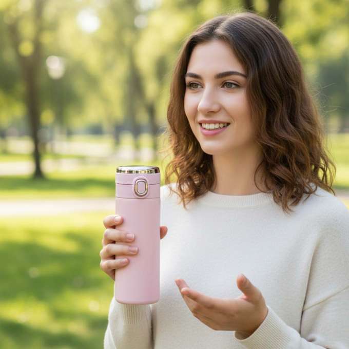 Kubek termiczny z ustnikiem termos LED 420ml róż