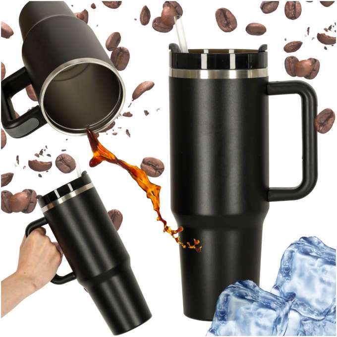 Kubek termiczny ze słomką i uchwytem termos 1200ml czarny
