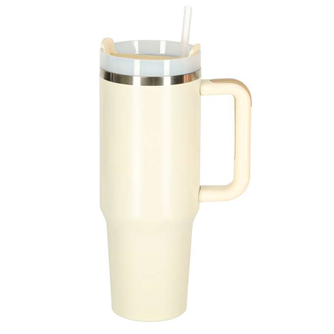 Kubek termiczny ze słomką i uchwytem termos 1200ml kremowy