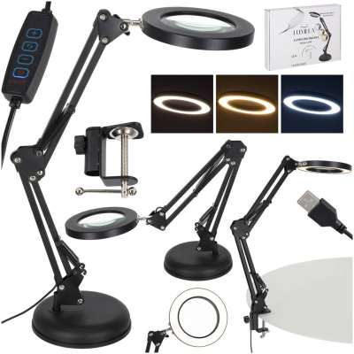 LED desk lamp with magnifying glass swivel arm 2 ways of fixing