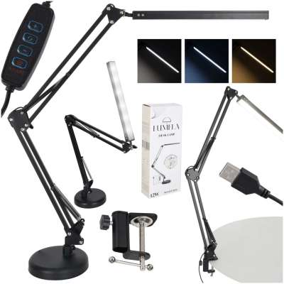 Lampka na biurko biurkowa LED USB obrotowy wysięgnik 2 sposoby mocowania