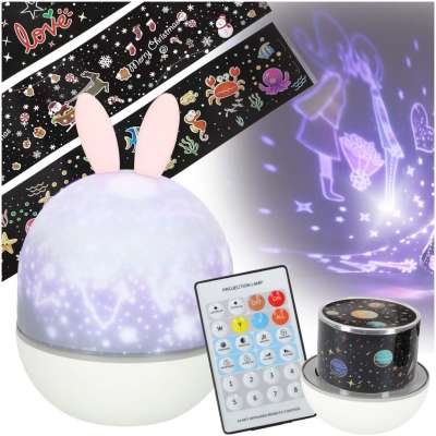 Lampka nocna projektor gwiazd LED USB obrotowy 6 motywów pilot królik