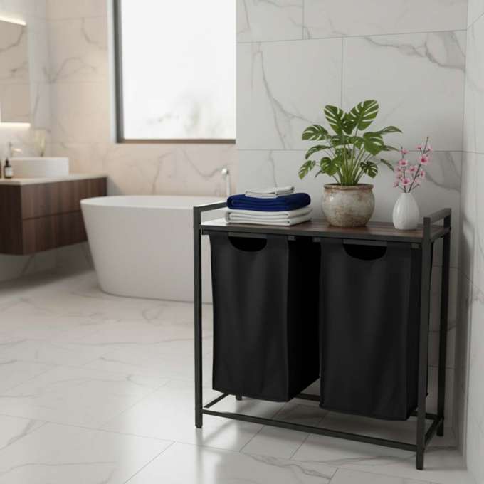 Laundry basket 2 compartments with shelf 76l