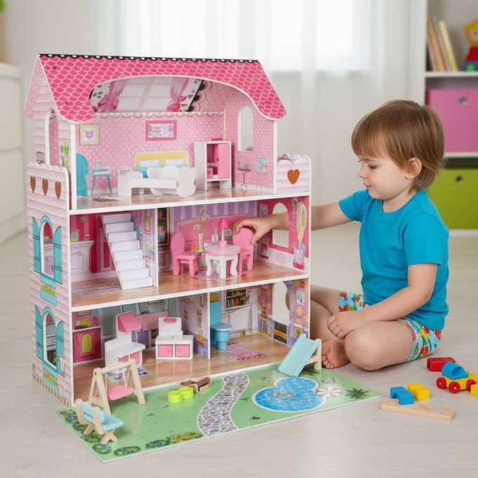 Lulilo Gardeno wooden doll house with garden furniture 70cm pink LED