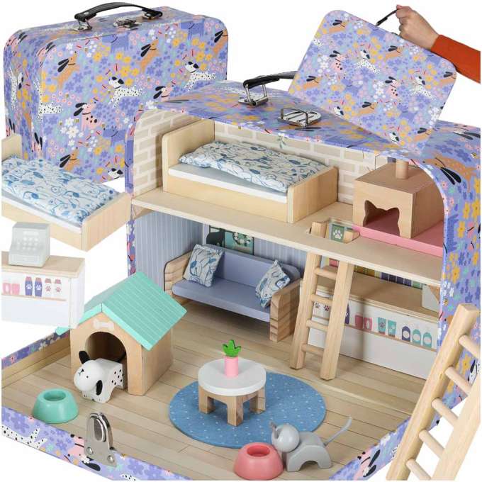 Pet hotel in a suitcase wooden furniture and figures