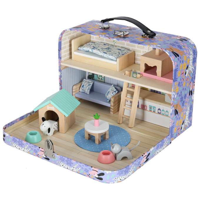 Pet hotel in a suitcase wooden furniture and figures