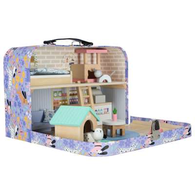 Pet hotel in a suitcase wooden furniture and figures