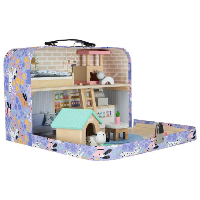 Pet hotel in a suitcase wooden furniture and figures