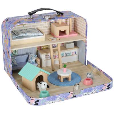 Pet hotel in a suitcase wooden furniture and figures