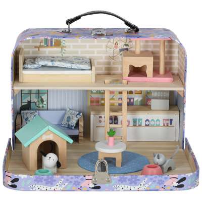 Pet hotel in a suitcase wooden furniture and figures