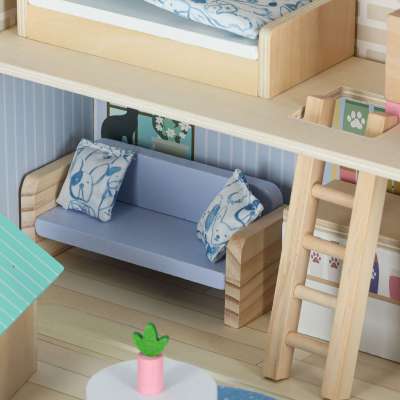 Pet hotel in a suitcase wooden furniture and figures