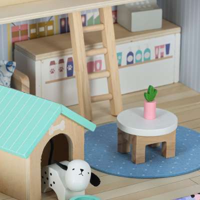 Pet hotel in a suitcase wooden furniture and figures