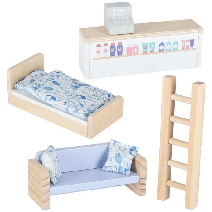 Pet hotel in a suitcase wooden furniture and figures