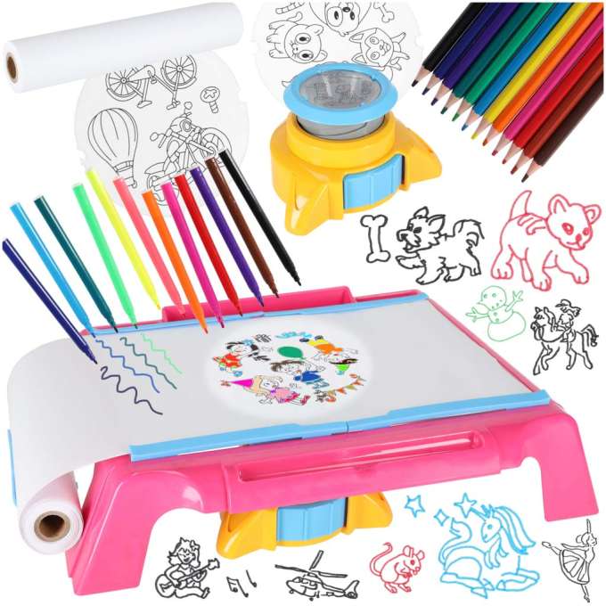 Projector projector drawing table cards markers crayons pink