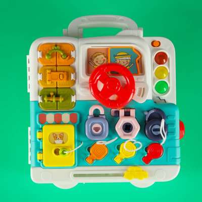 Tablica manipulacyjna sensoryczna montessori walizka pokrętła miś XXL światło dźwięk