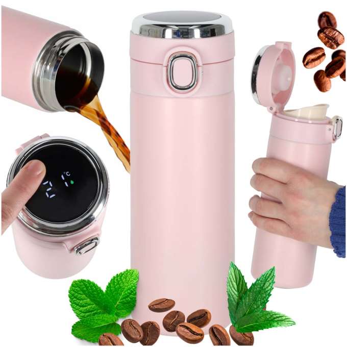 Thermal mug bidon with mouthpiece thermos LED 420ml pink