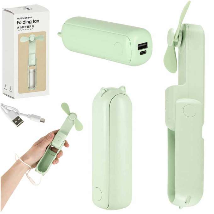 Wiatrak biurkowy wentylator mini ręczny składany wiatraczek przenośny USB zielony