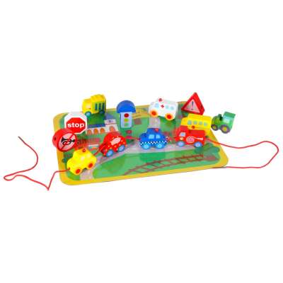 Wooden blocks for threading board board cars vehicles