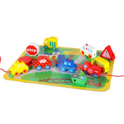 Wooden blocks for threading board board cars vehicles