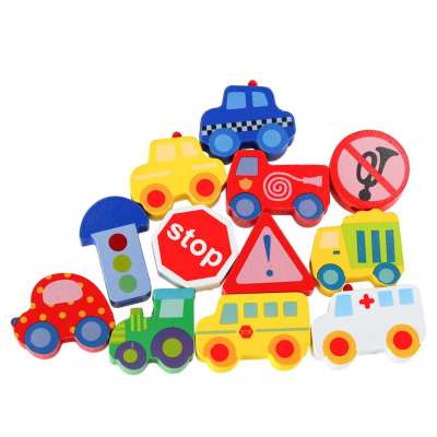 Wooden blocks for threading board board cars vehicles