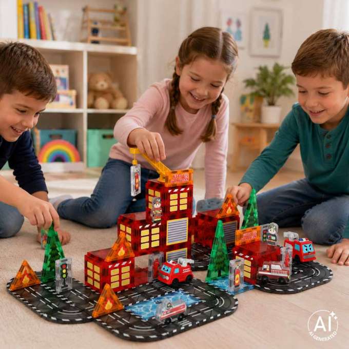 3D magnetic construction blocks fire department 2 cars 92 elements