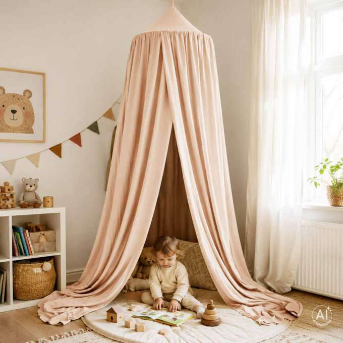 Baby canopy over crib curtain tent tipi hanging beige