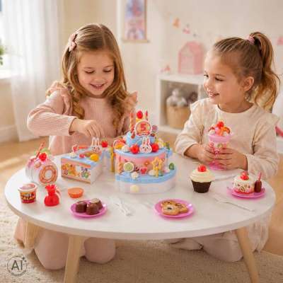 Birthday cake three-story velcro cutting cake music light 117 pieces blue