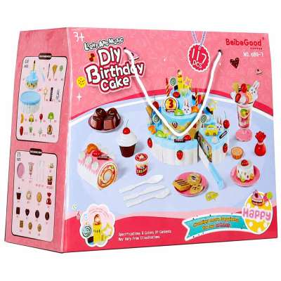 Birthday cake three-story velcro cutting cake music light 117 pieces blue