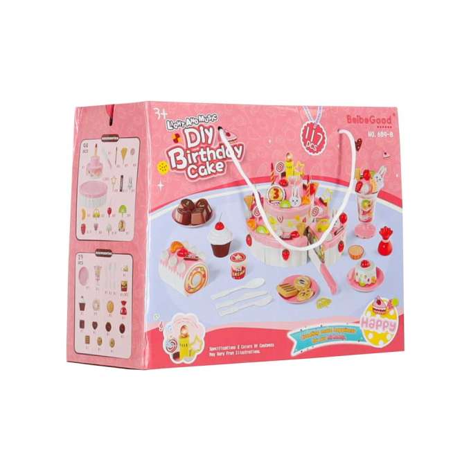 Birthday cake three tier velcro cutting cake music light 117 pieces pink