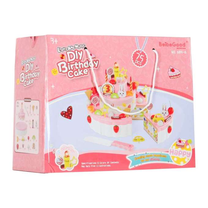Birthday cake three tier velcro cutting cake music light 75 pieces pink