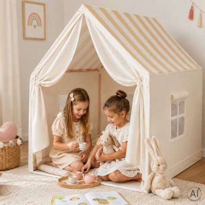 Children's play tent foldable yellow with stripes for the kids' room