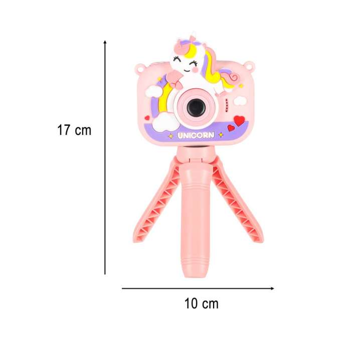 Digital camera for kids on tripod unicorn pink