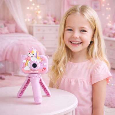 Digital camera for kids on tripod unicorn purple