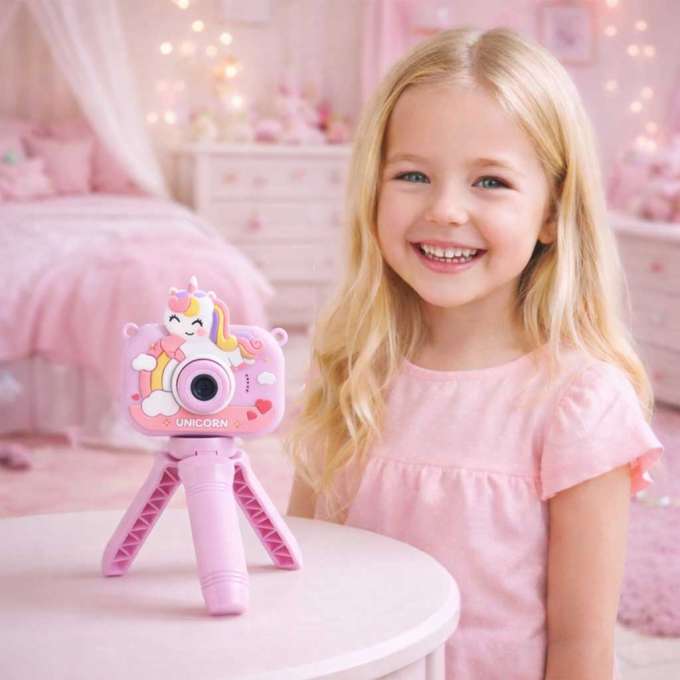 Digital camera for kids on tripod unicorn purple